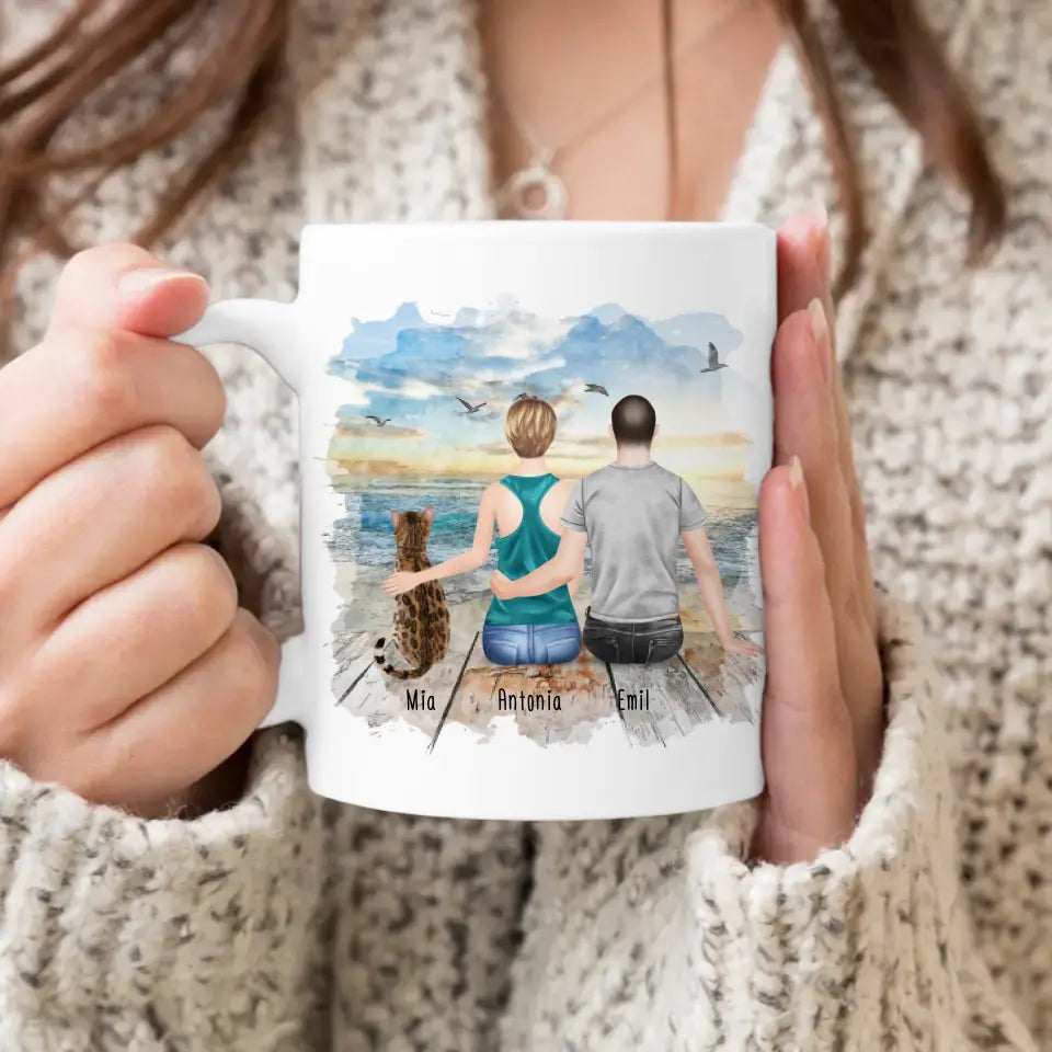 Personalisierte Tasse mit Pärchen und 1 Katze