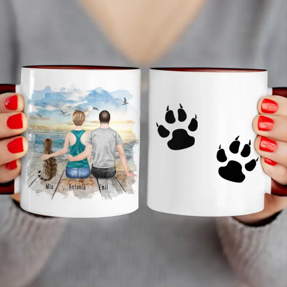 Personalisierte Tasse mit Pärchen und 1 Katze