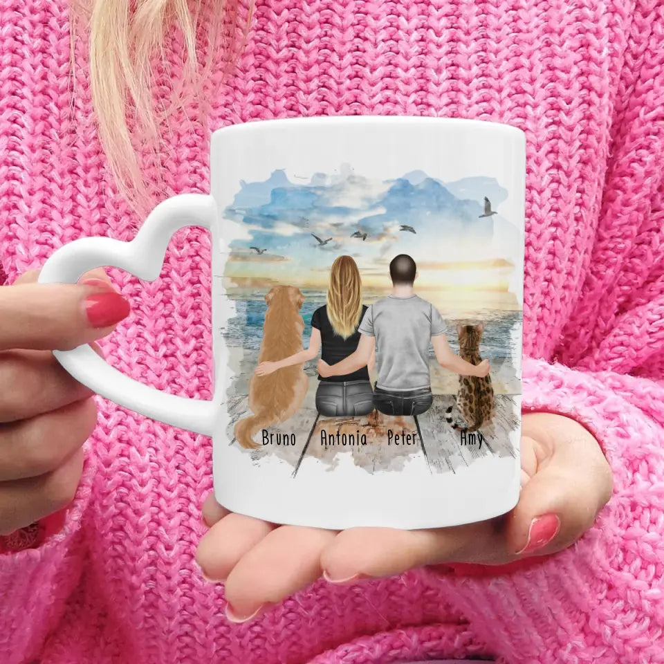 Personalisierte Tasse mit Pärchen und 1 Hund und 1 Katze