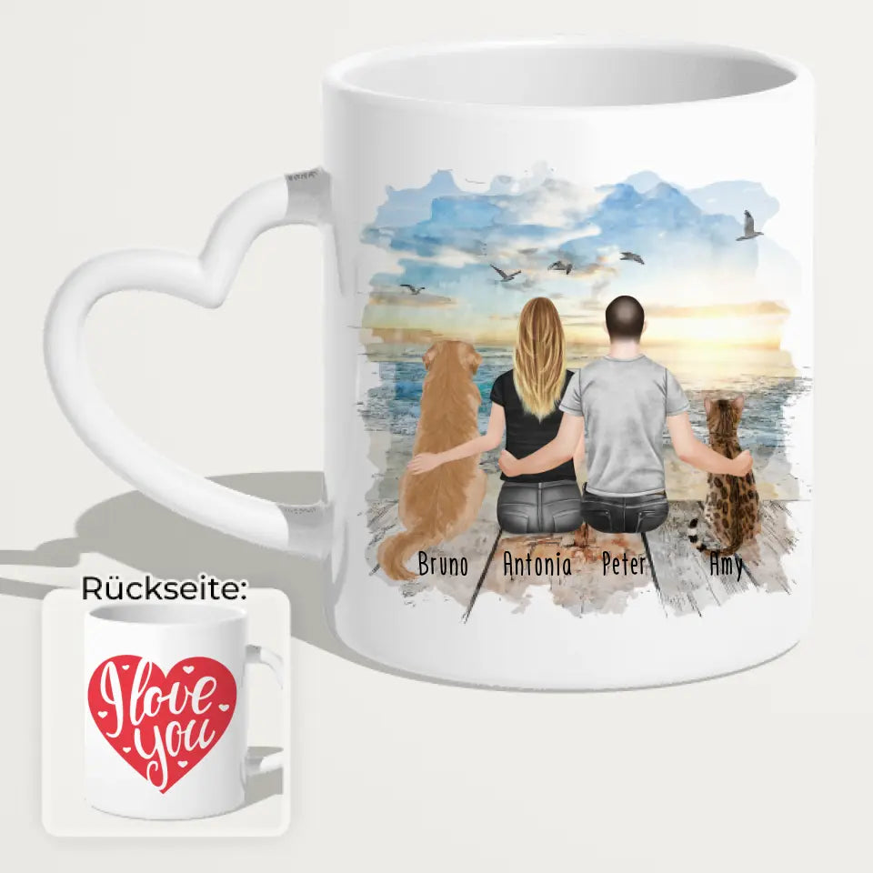 Personalisierte Tasse mit Pärchen und 1 Hund und 1 Katze