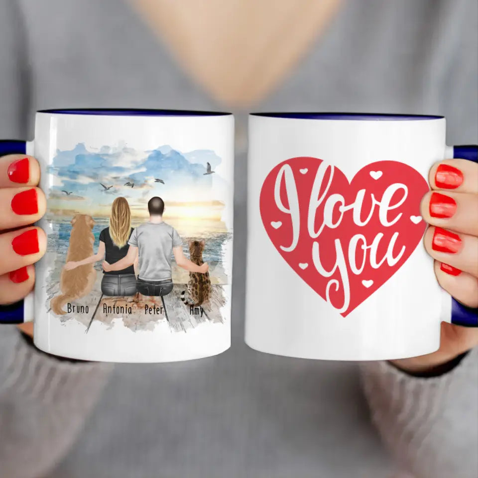 Personalisierte Tasse mit Pärchen und 1 Hund und 1 Katze