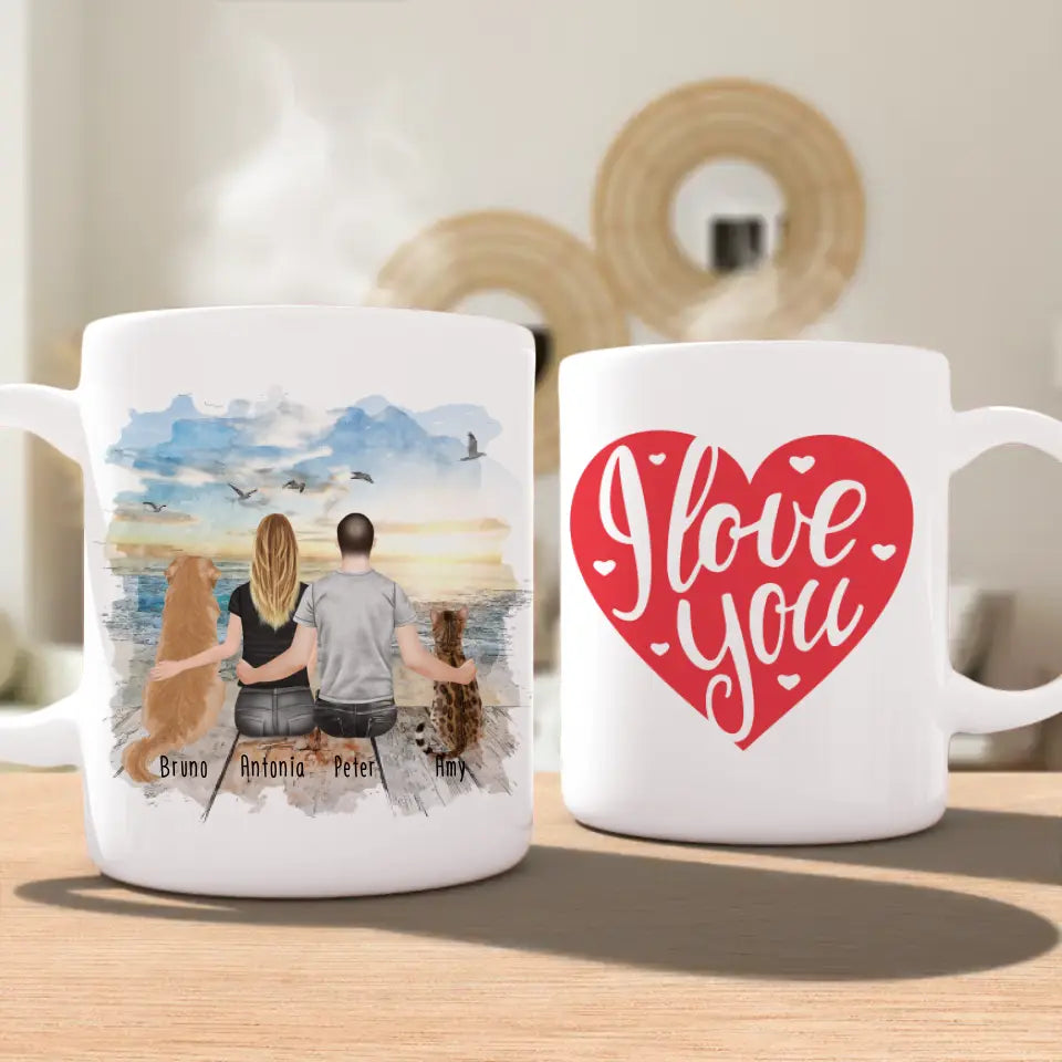 Personalisierte Tasse mit Pärchen und 1 Hund und 1 Katze