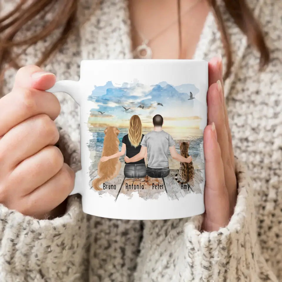 Personalisierte Tasse mit Pärchen und 1 Hund und 1 Katze