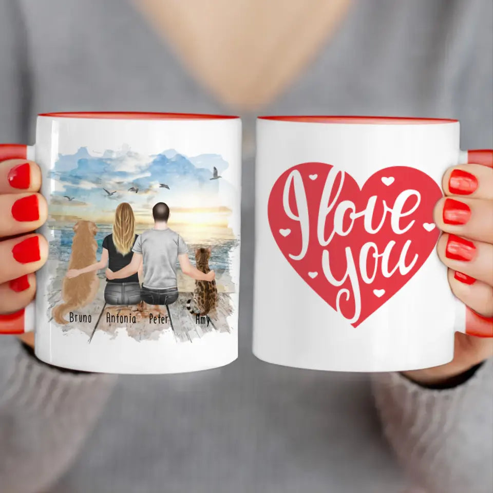 Personalisierte Tasse mit Pärchen und 1 Hund und 1 Katze