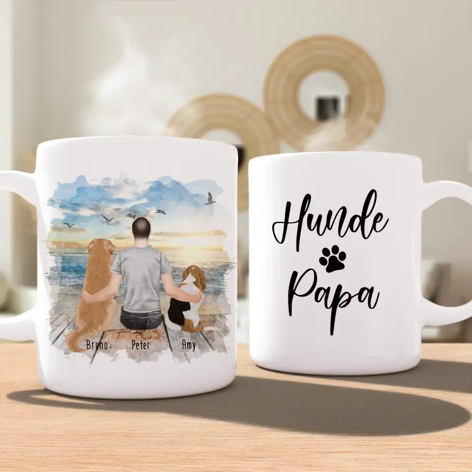 Personalisierte Tasse mit Hund und Mann (2 Hunde + 1 Mann)