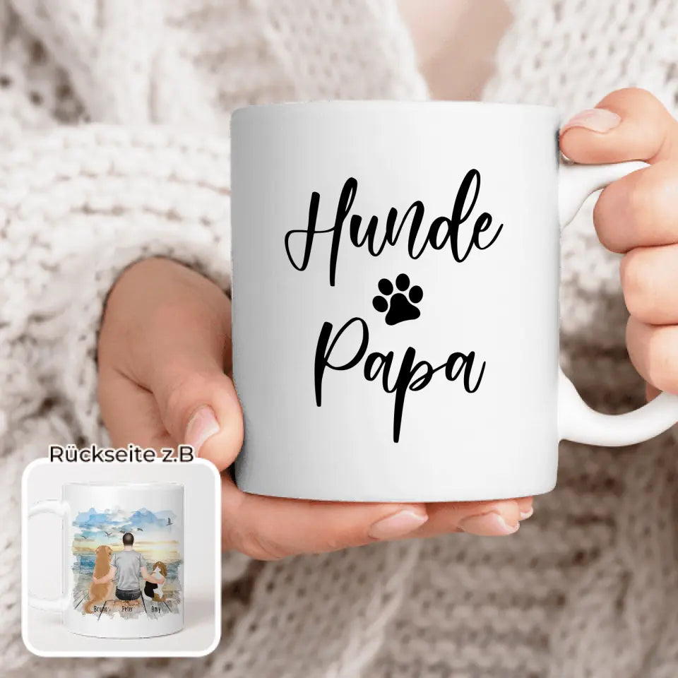 Personalisierte Tasse mit Hund und Mann (2 Hunde + 1 Mann)