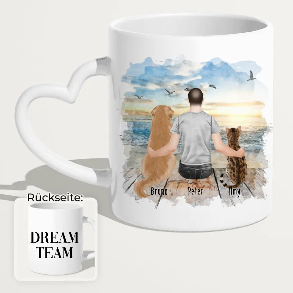 Personalisierte Tasse mit Hund, Katze und Mann (1 Hund + 1 Katze + 1 Mann)