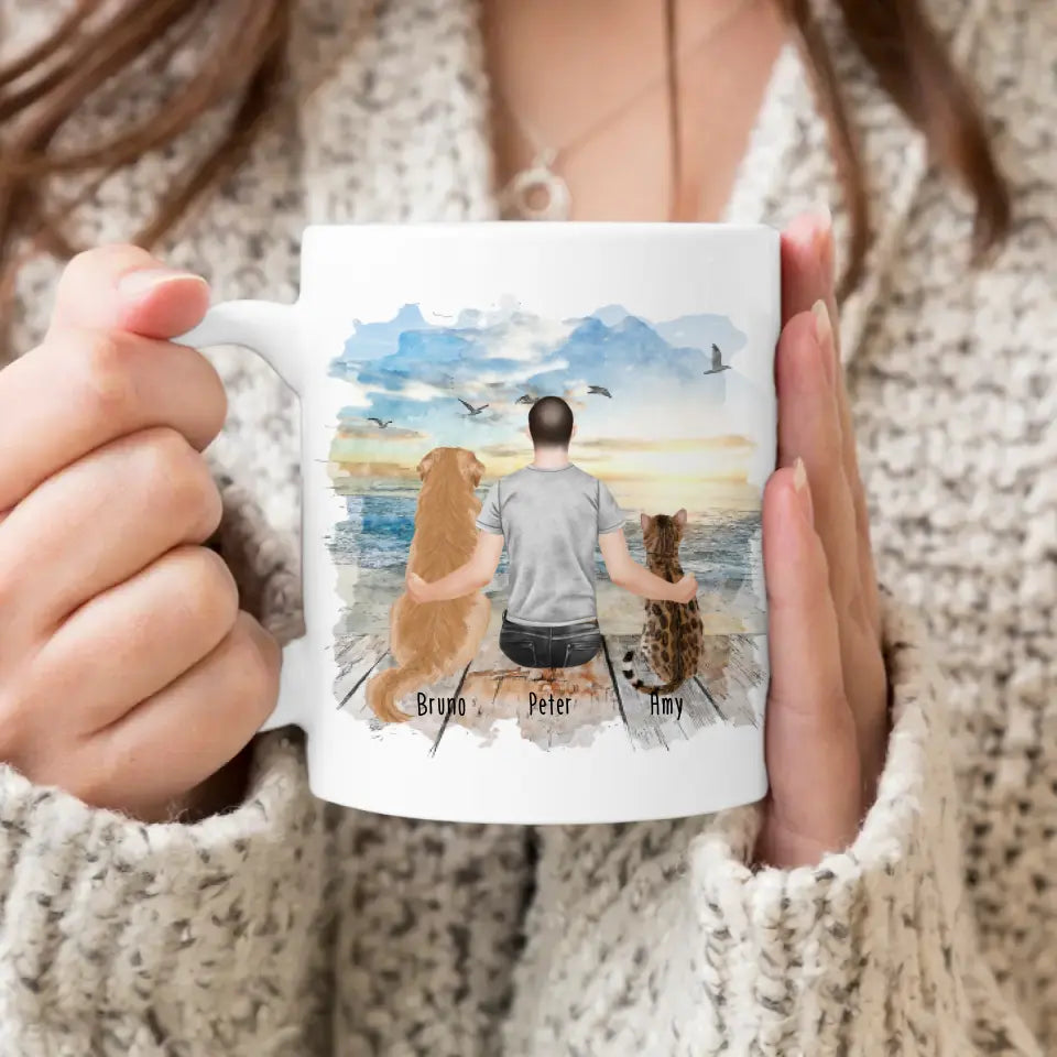 Personalisierte Tasse mit Hund, Katze und Mann (1 Hund + 1 Katze + 1 Mann)