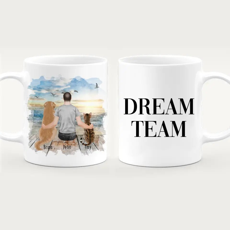 Personalisierte Tasse mit Hund, Katze und Mann (1 Hund + 1 Katze + 1 Mann)