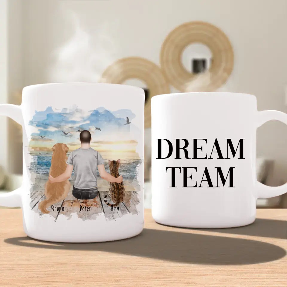 Personalisierte Tasse mit Hund, Katze und Mann (1 Hund + 1 Katze + 1 Mann)