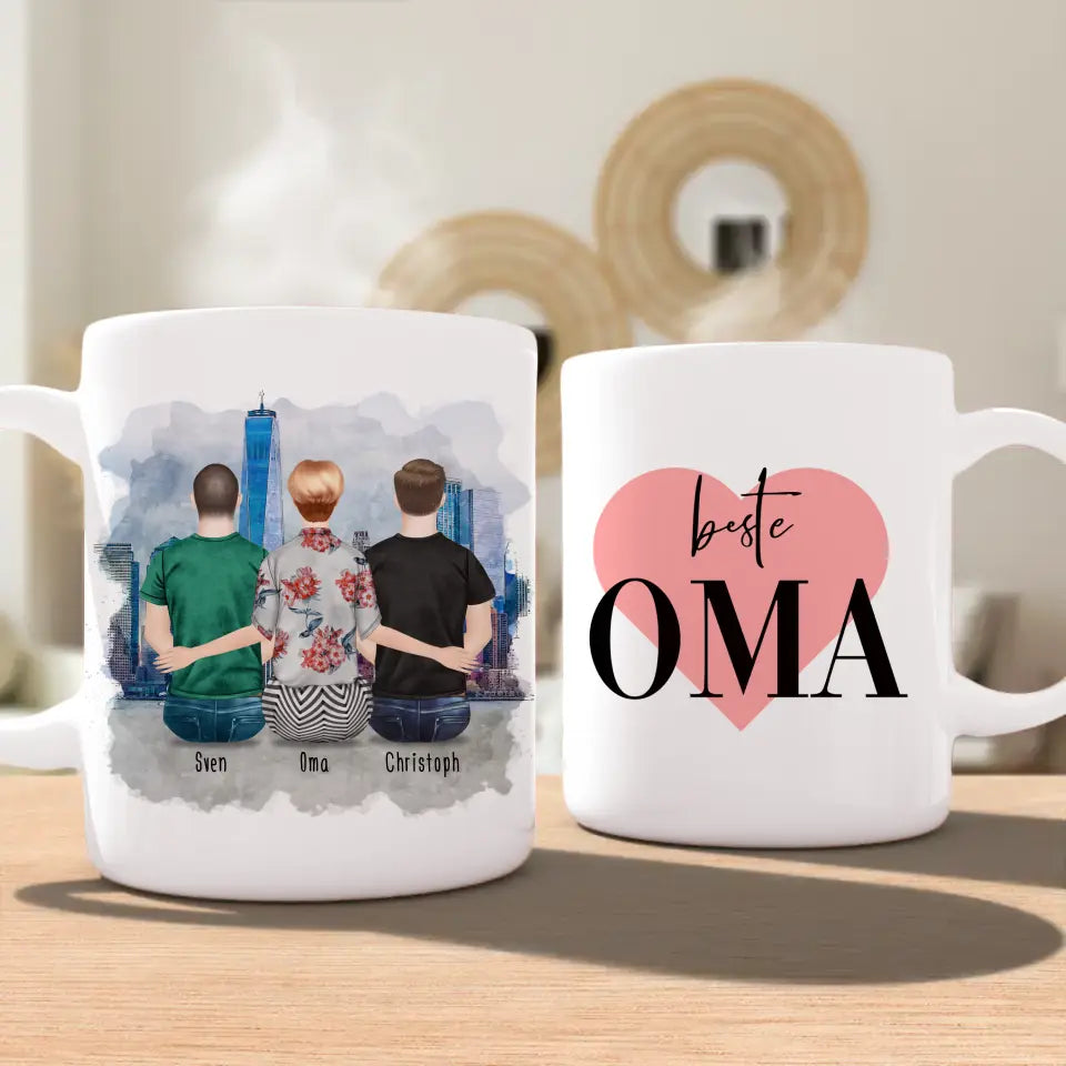 Personalisierte Tasse für Oma (2 Männer + 1 Oma)