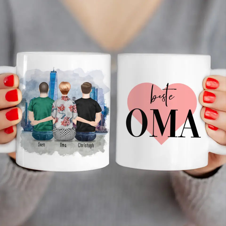 Personalisierte Tasse für Oma (2 Männer + 1 Oma)