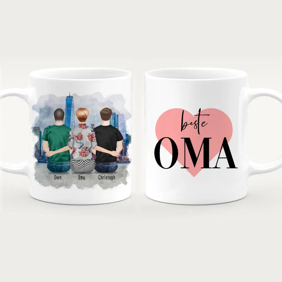 Personalisierte Tasse für Oma (2 Männer + 1 Oma)