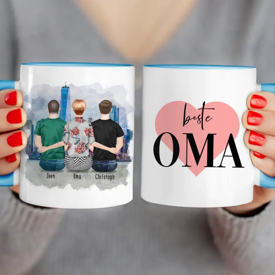 Personalisierte Tasse für Oma (2 Männer + 1 Oma)