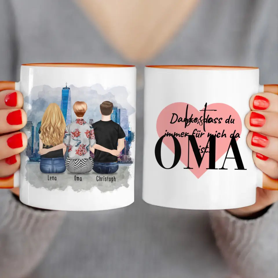 Personalisierte Tasse für Oma (1 Frau + 1 Mann + 1 Oma)