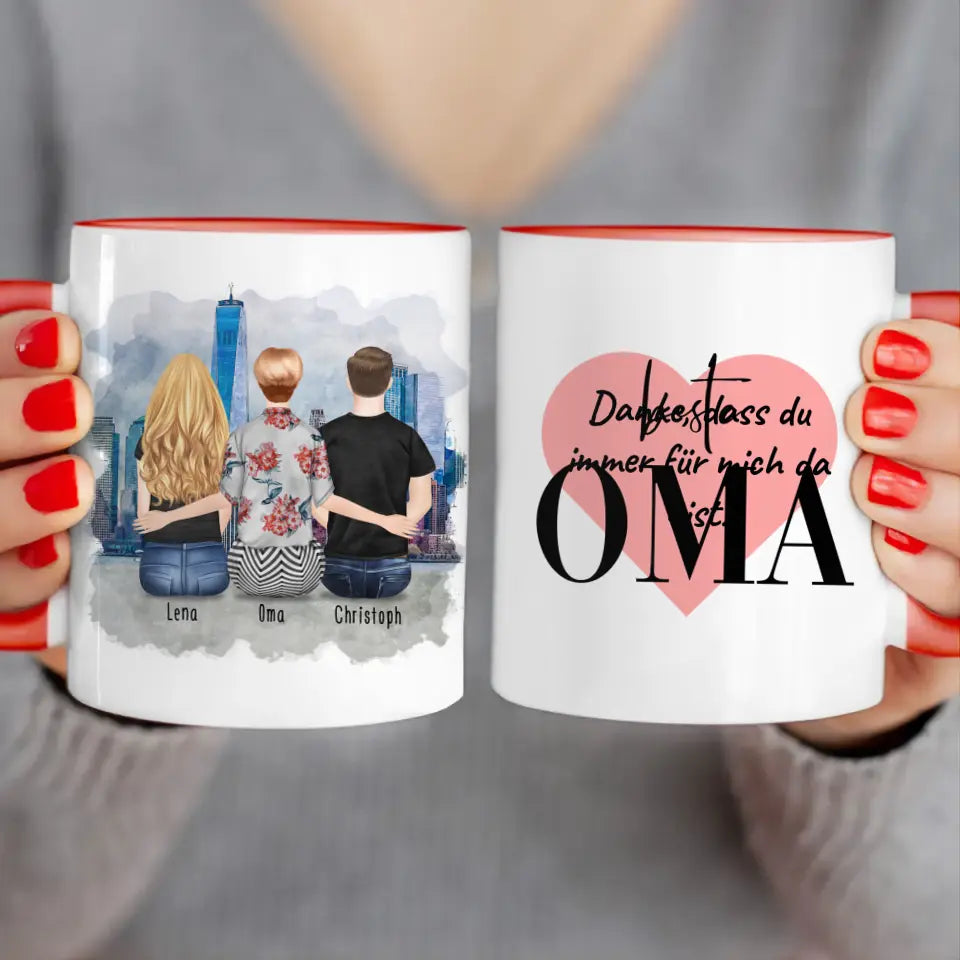 Personalisierte Tasse für Oma (1 Frau + 1 Mann + 1 Oma)