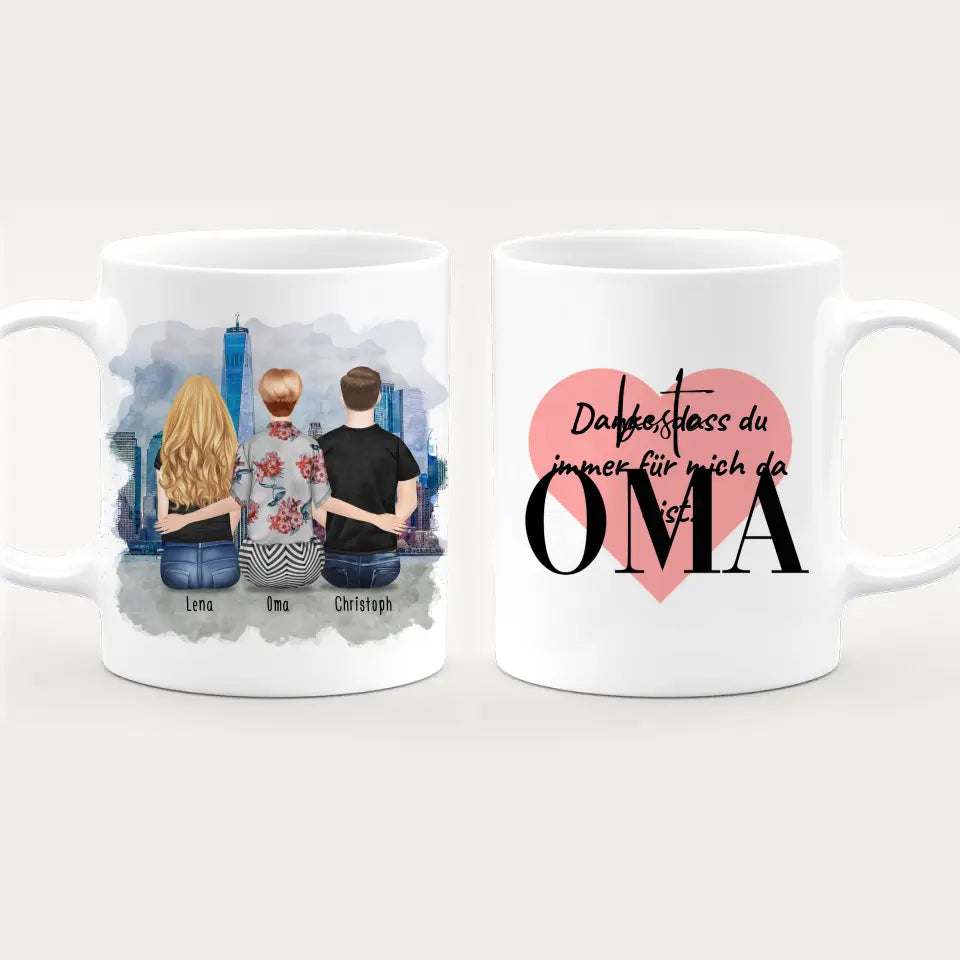 Personalisierte Tasse für Oma (1 Frau + 1 Mann + 1 Oma)