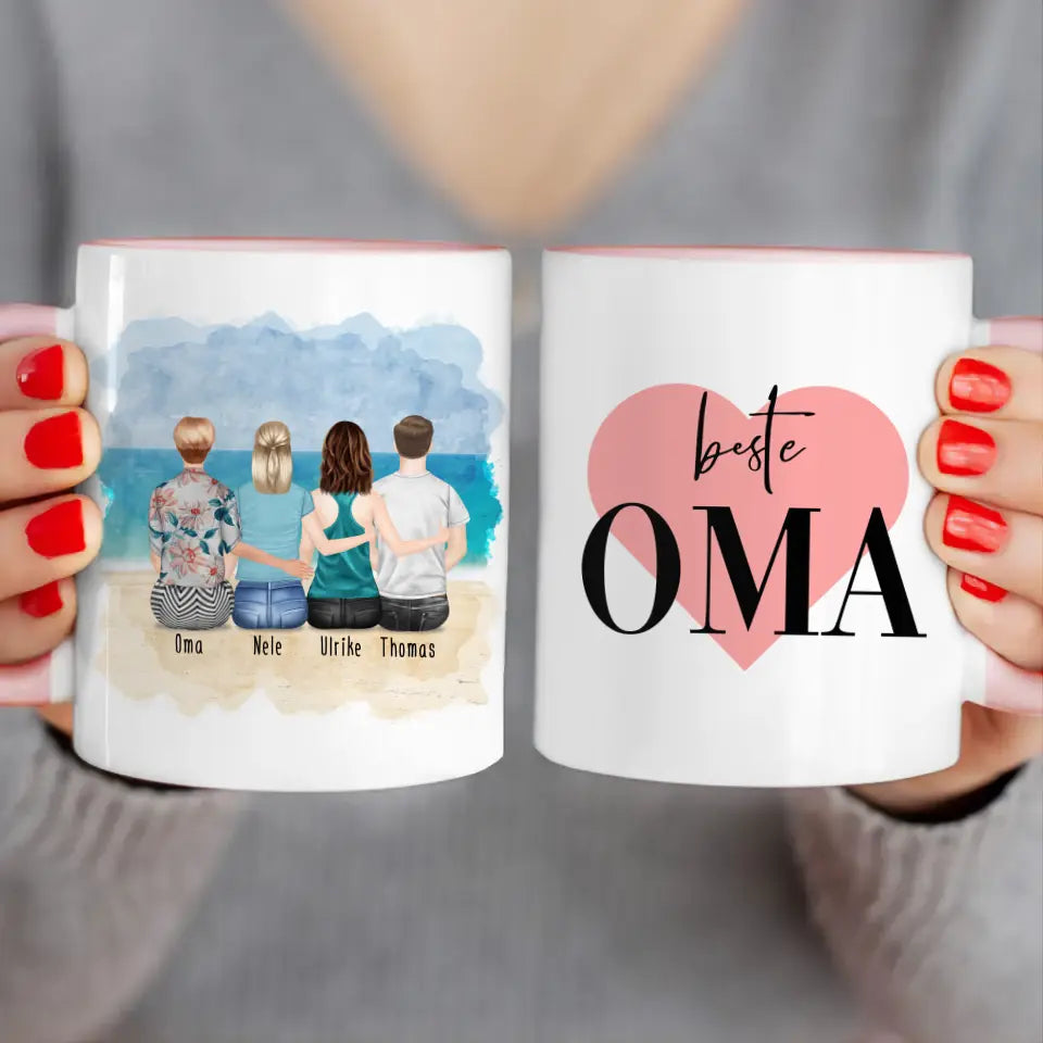 Personalisierte Tasse für Oma (2 Frauen + 1 Mann + 1 Oma)