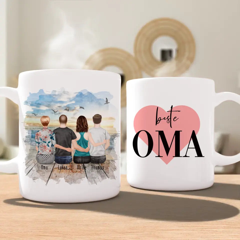 Personalisierte Tasse für Oma (1 Frau + 2 Männer + 1 Oma)