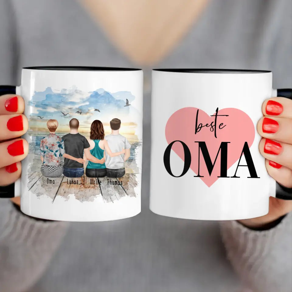 Personalisierte Tasse für Oma (1 Frau + 2 Männer + 1 Oma)