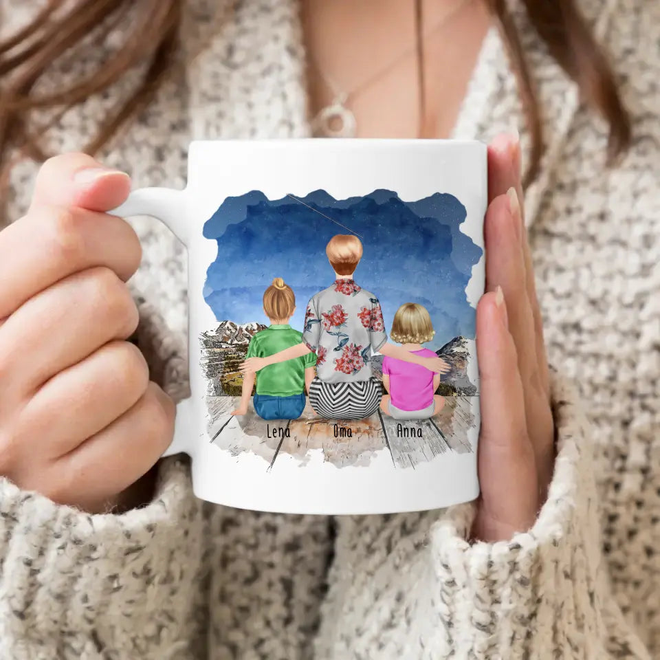 Personalisierte Tasse für Oma (1 Baby + 1 Kind + 1 Oma)