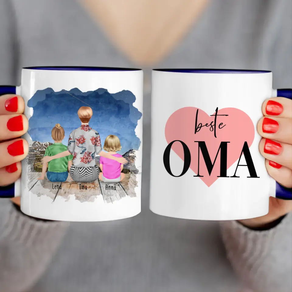 Personalisierte Tasse für Oma (1 Baby + 1 Kind + 1 Oma)