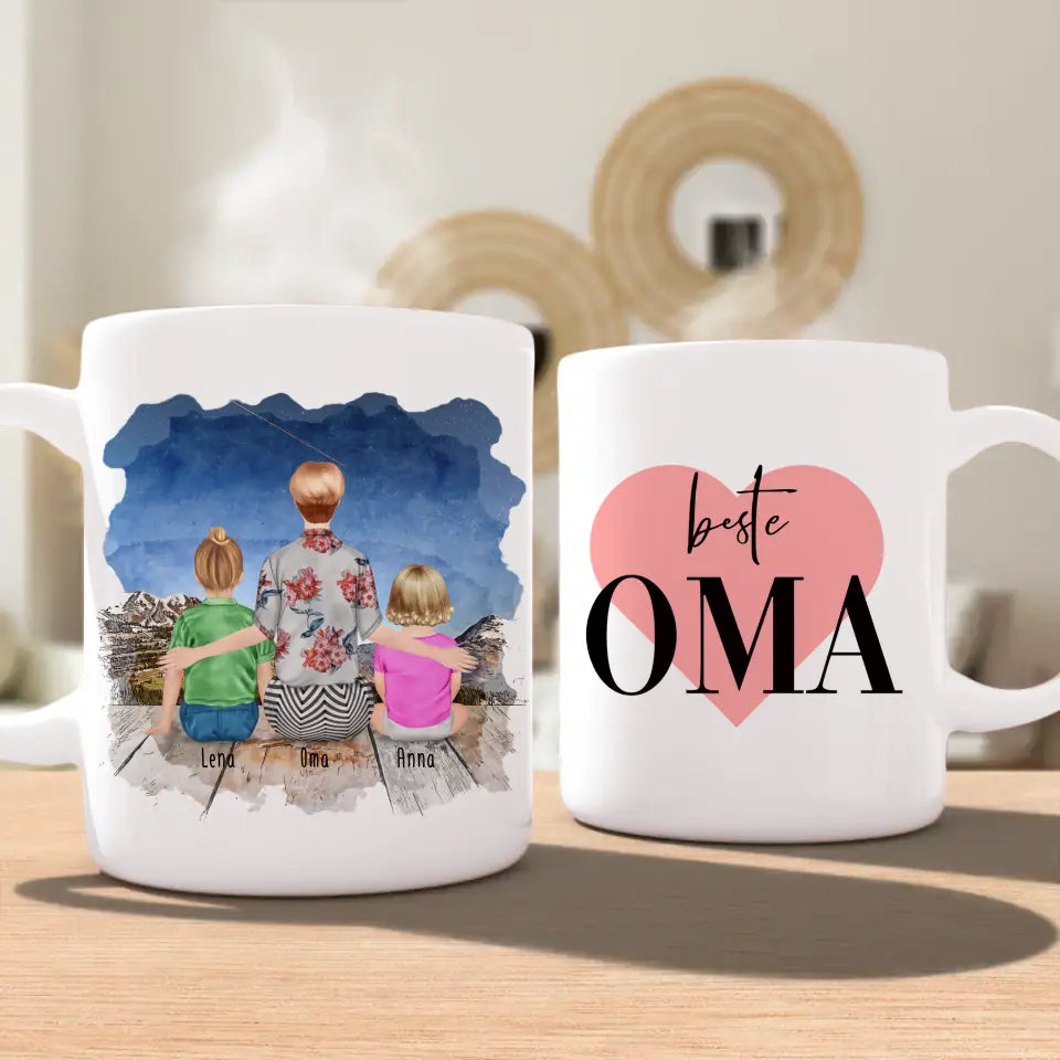 Personalisierte Tasse für Oma (1 Baby + 1 Kind + 1 Oma)