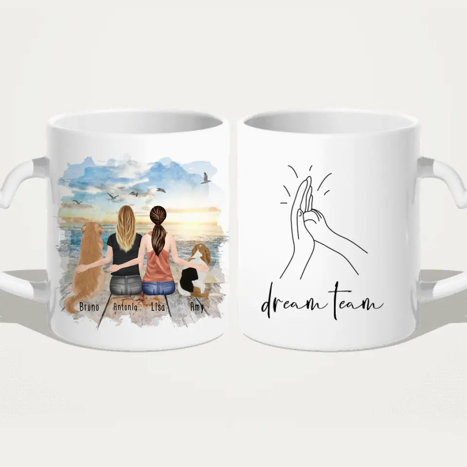 Personalisierte Tasse mit Hunden und Frauen (2 Hunde + 2 Frauen)