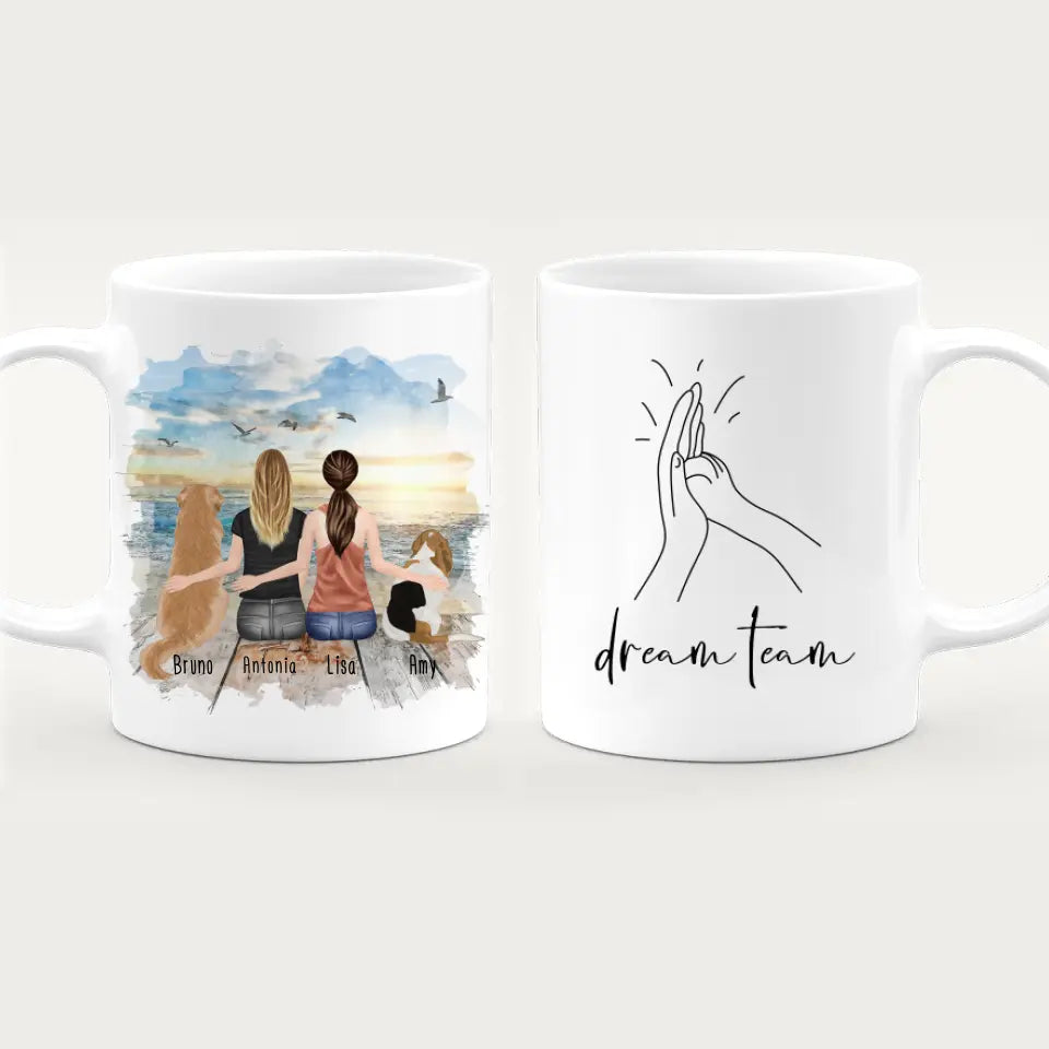 Personalisierte Tasse mit Hunden und Frauen (2 Hunde + 2 Frauen)