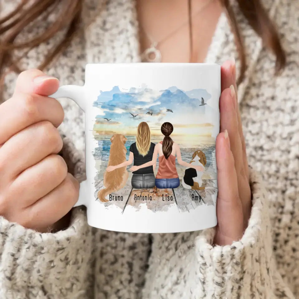 Personalisierte Tasse mit Hunden und Frauen (2 Hunde + 2 Frauen)