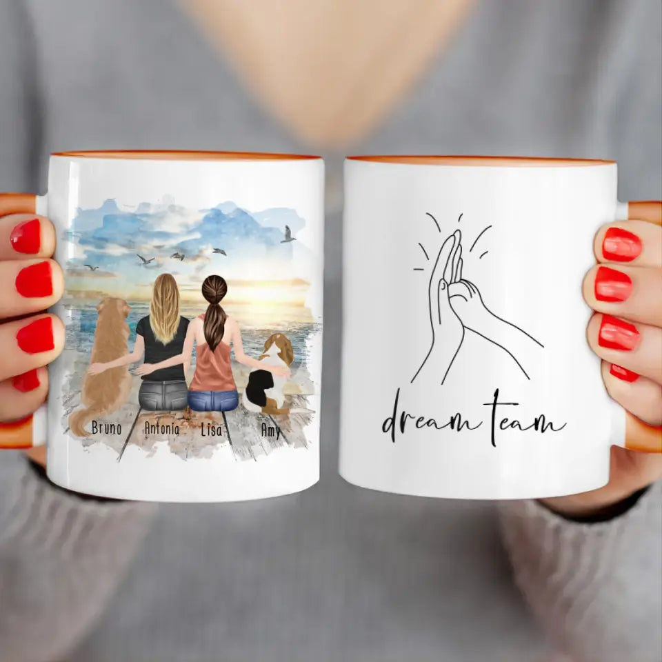 Personalisierte Tasse mit Hunden und Frauen (2 Hunde + 2 Frauen)