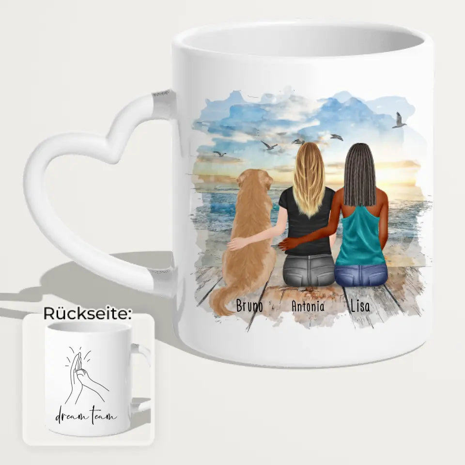 Personalisierte Tasse mit Hund und Frauen (1 Hund + 2 Frauen)