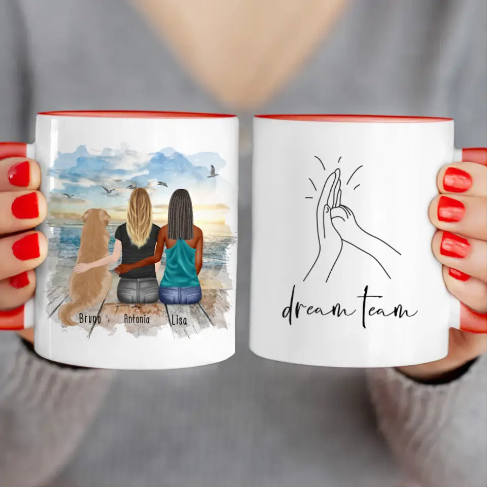 Personalisierte Tasse mit Hund und Frauen (1 Hund + 2 Frauen)