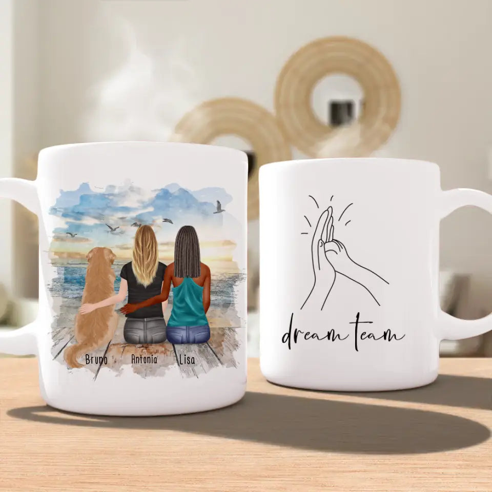 Personalisierte Tasse mit Hund und Frauen (1 Hund + 2 Frauen)