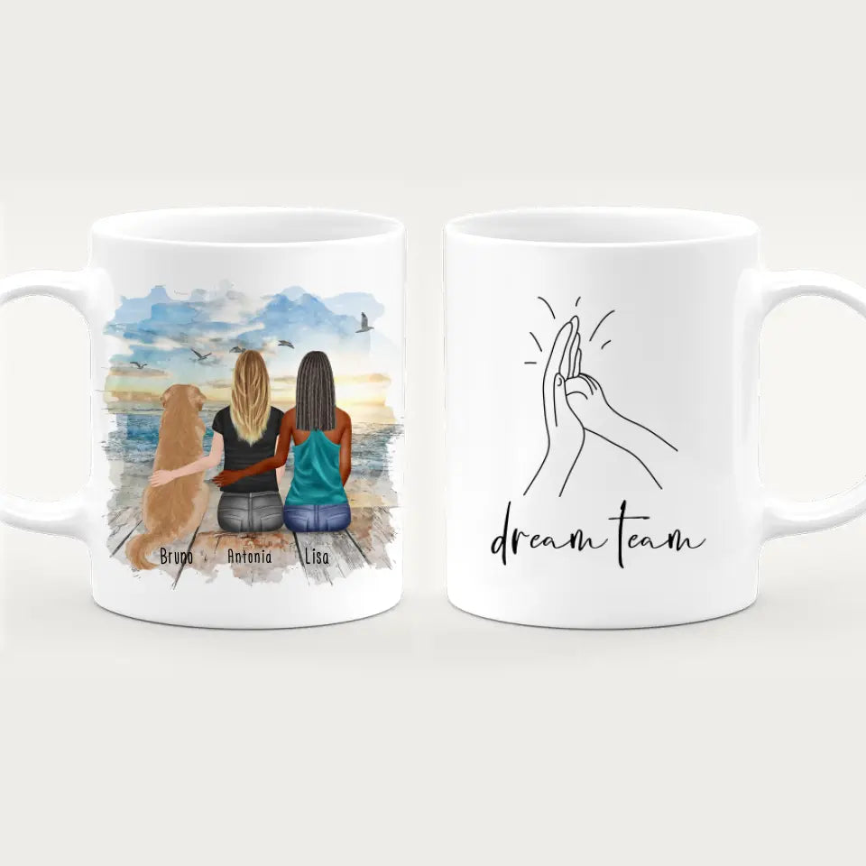 Personalisierte Tasse mit Hund und Frauen (1 Hund + 2 Frauen)