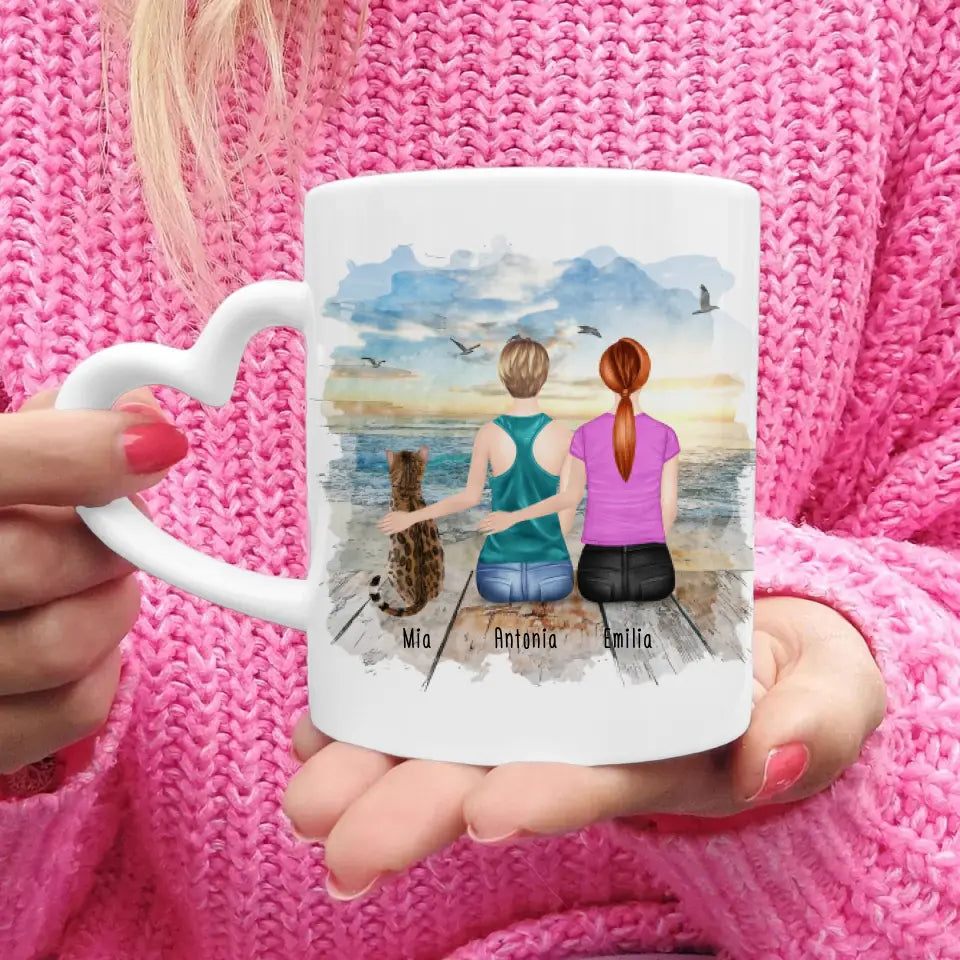 Personalisierte Tasse mit Katze und Frauen (1 Katze + 2 Frauen)