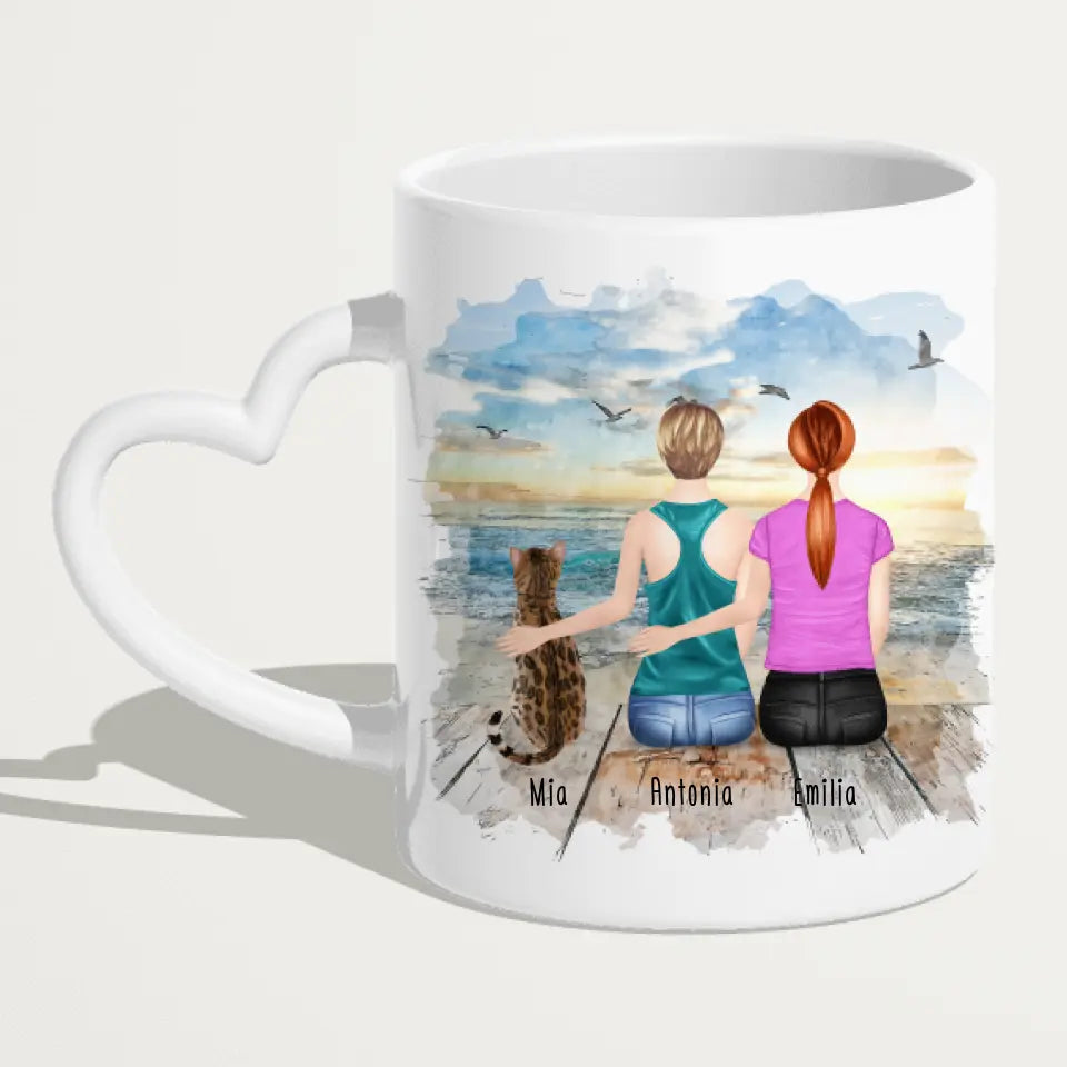 Personalisierte Tasse mit Katze und Frauen (1 Katze + 2 Frauen)