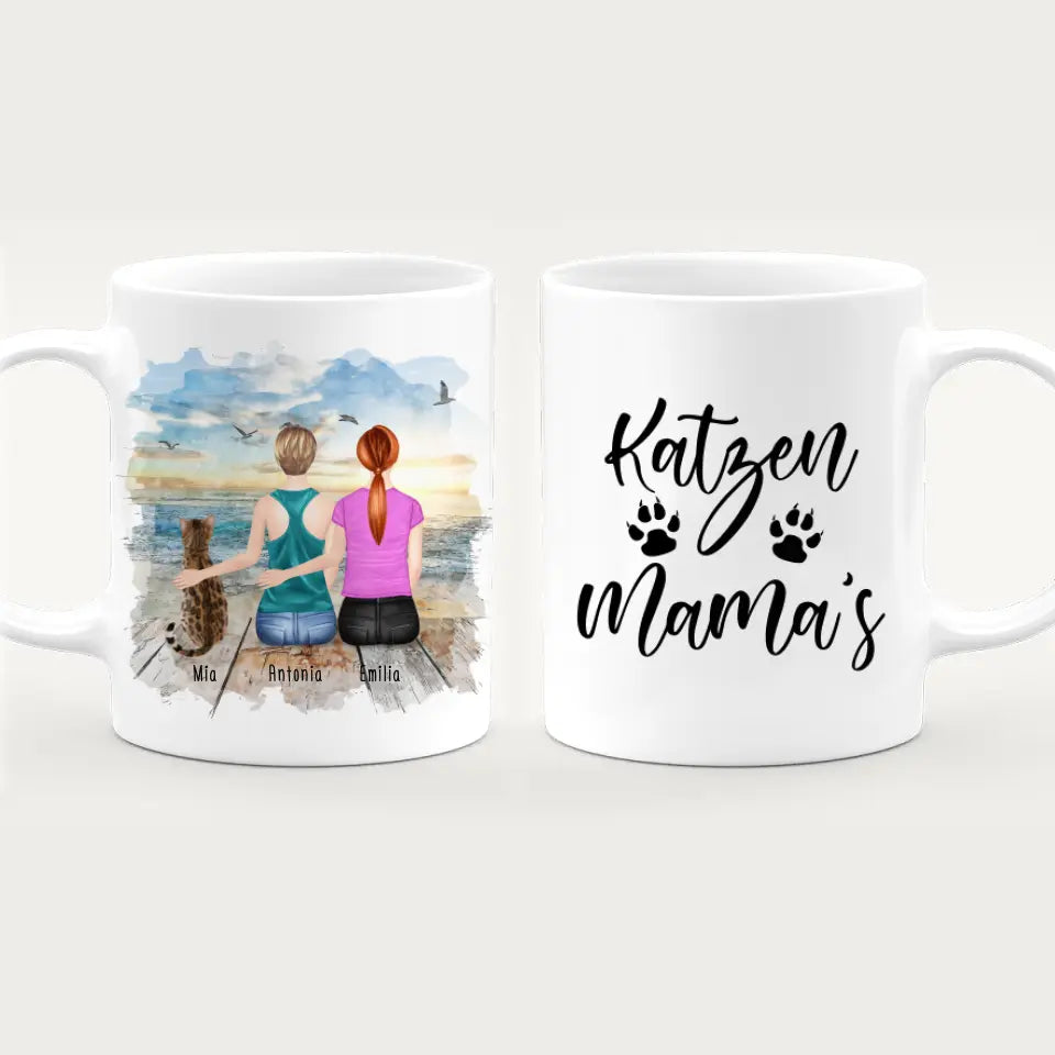 Personalisierte Tasse mit Katze und Frauen (1 Katze + 2 Frauen)