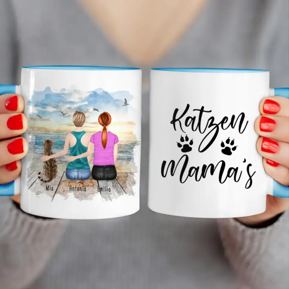 Personalisierte Tasse mit Katze und Frauen (1 Katze + 2 Frauen)