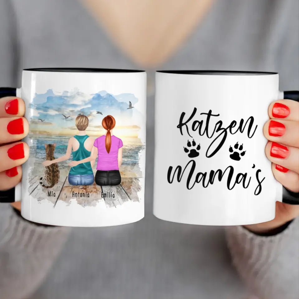 Personalisierte Tasse mit Katze und Frauen (1 Katze + 2 Frauen)