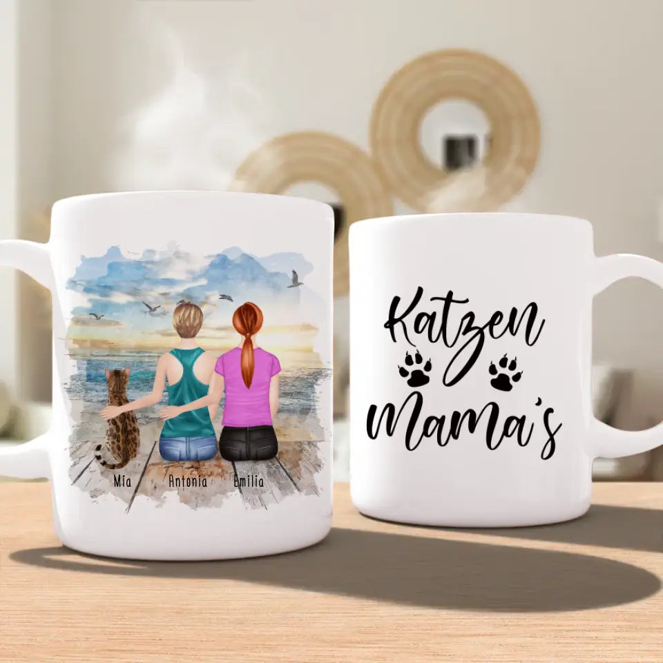 Personalisierte Tasse mit Katze und Frauen (1 Katze + 2 Frauen)