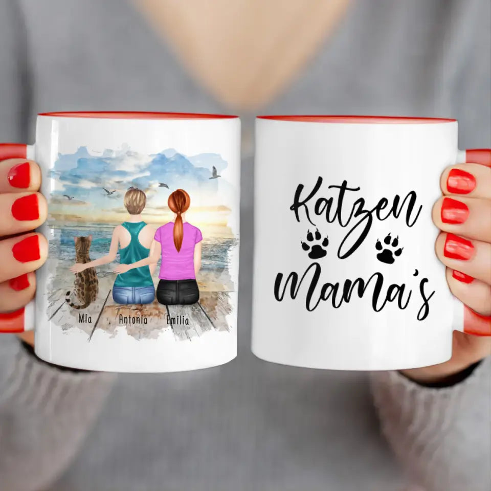 Personalisierte Tasse mit Katze und Frauen (1 Katze + 2 Frauen)