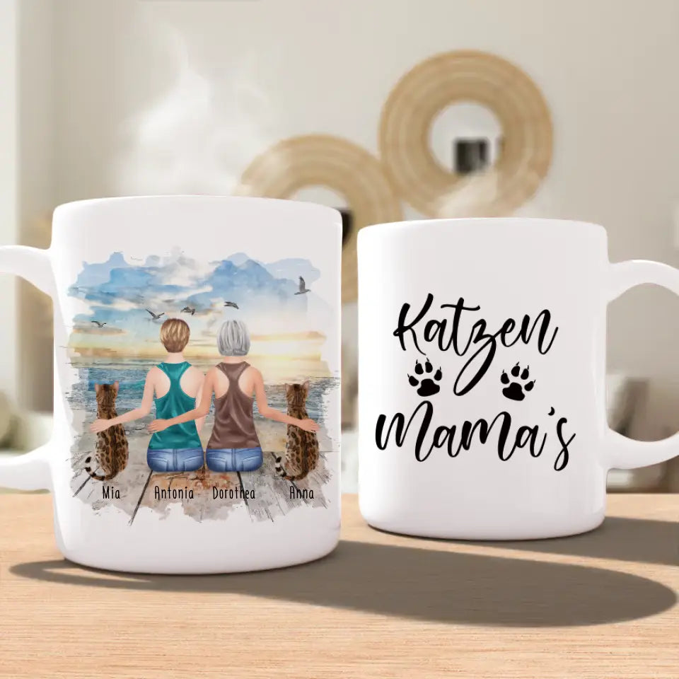 Personalisierte Tasse mit Katzen und Frauen (2 Katzen + 2 Frauen)