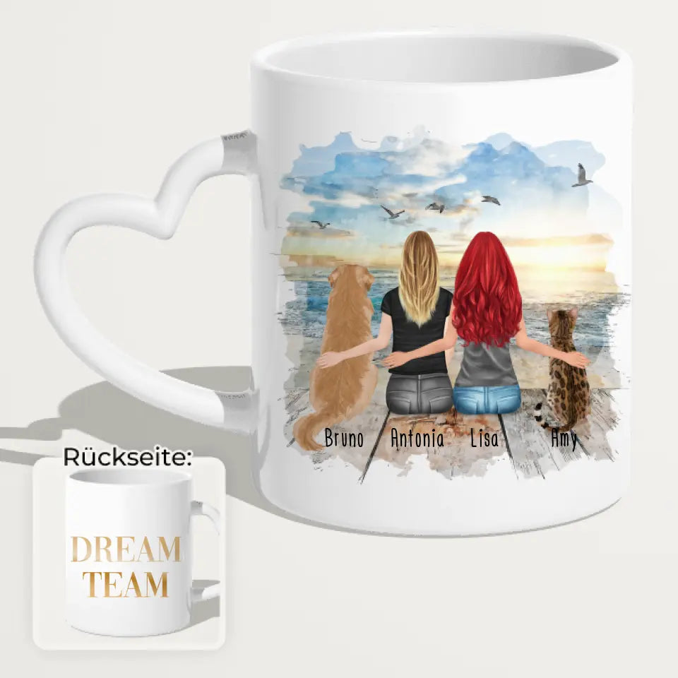 Personalisierte Tasse mit Hund, Katze und Frauen (1 Hund + 1 Katze + 2 Frauen)