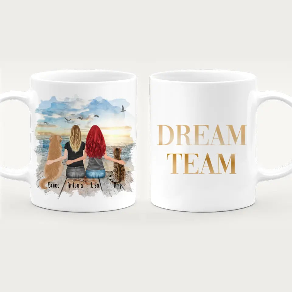 Personalisierte Tasse mit Hund, Katze und Frauen (1 Hund + 1 Katze + 2 Frauen)