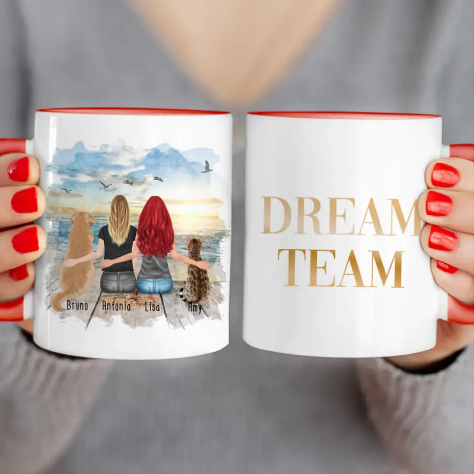 Personalisierte Tasse mit Hund, Katze und Frauen (1 Hund + 1 Katze + 2 Frauen)