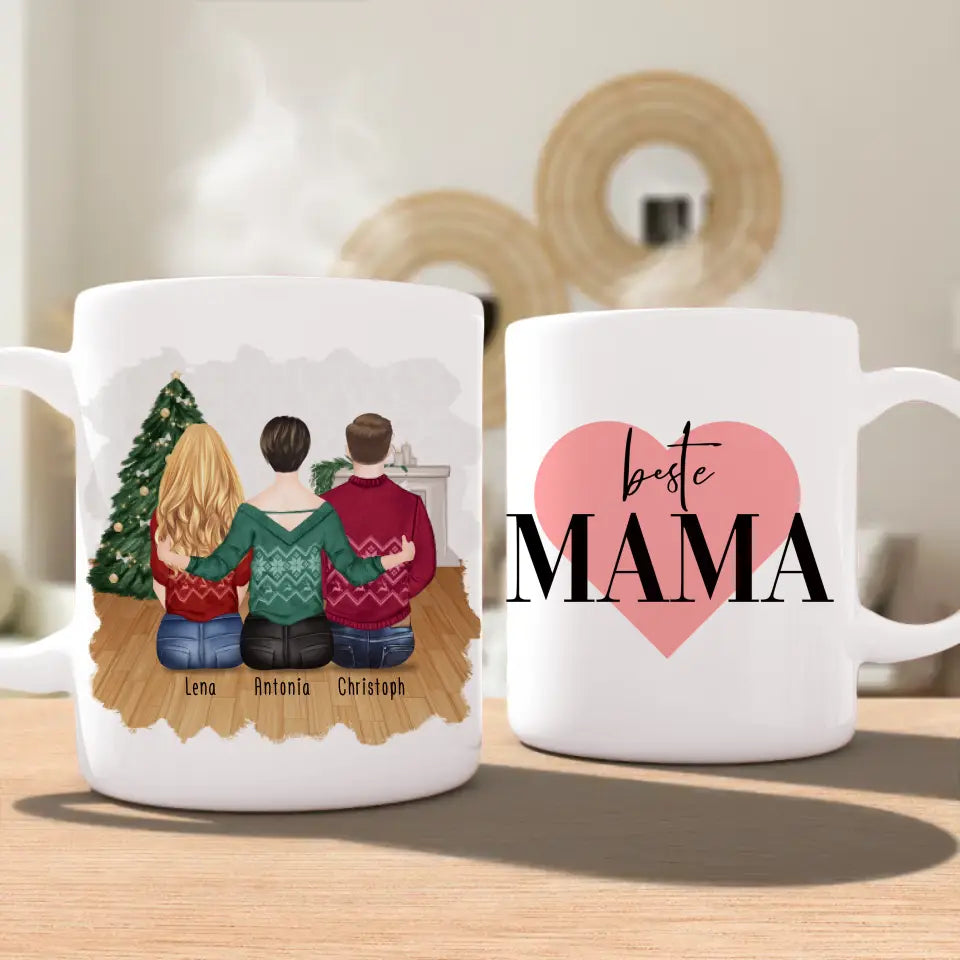 Personalisierte Tasse mit Mutter/Tochter/Sohn (1 Tochter + 1 Sohn) - Weihnachtstasse