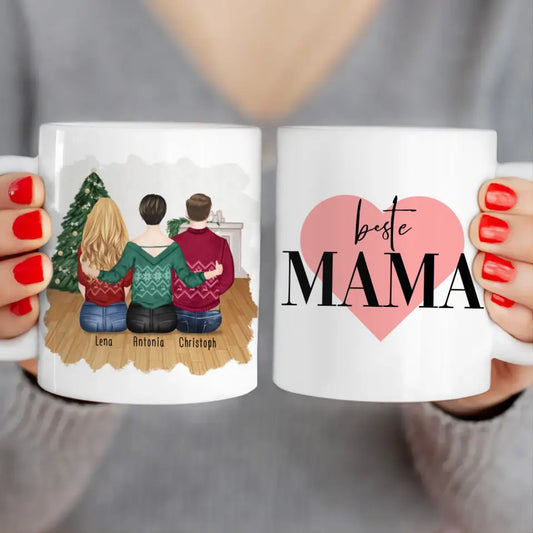 Personalisierte Tasse mit Mutter/Tochter/Sohn (1 Tochter + 1 Sohn) - Weihnachtstasse