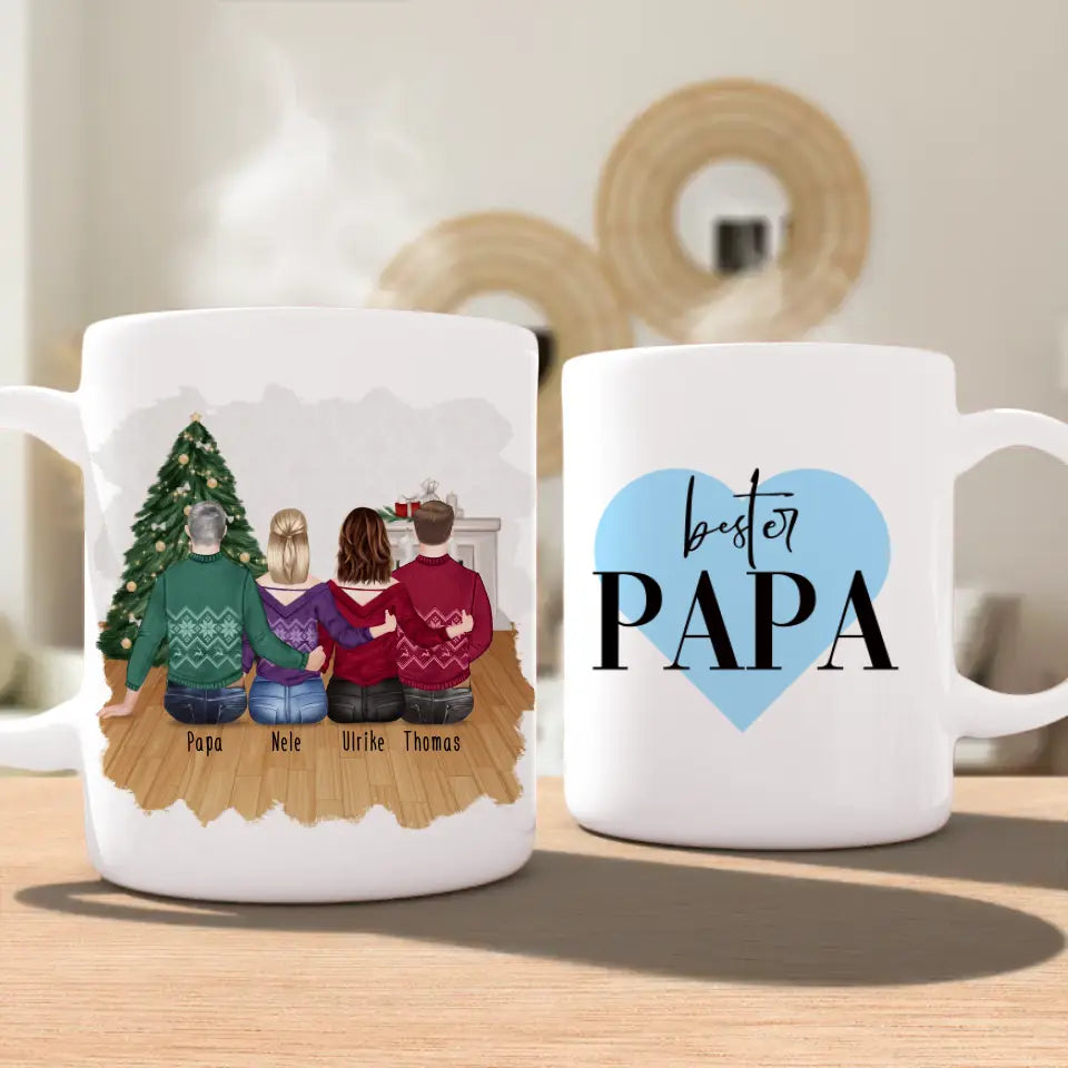 Personalisierte Tasse mit Vater/Tochter/Sohn (2 Töchter + 1 Sohn) - Weihnachtstasse