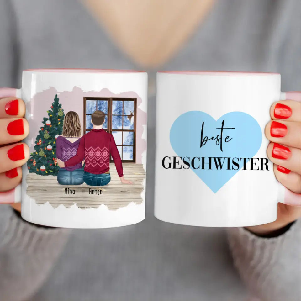 Personalisierte Tasse mit Bruder/Schwester (1 Schwester + 1 Bruder) - Weihnachtstasse